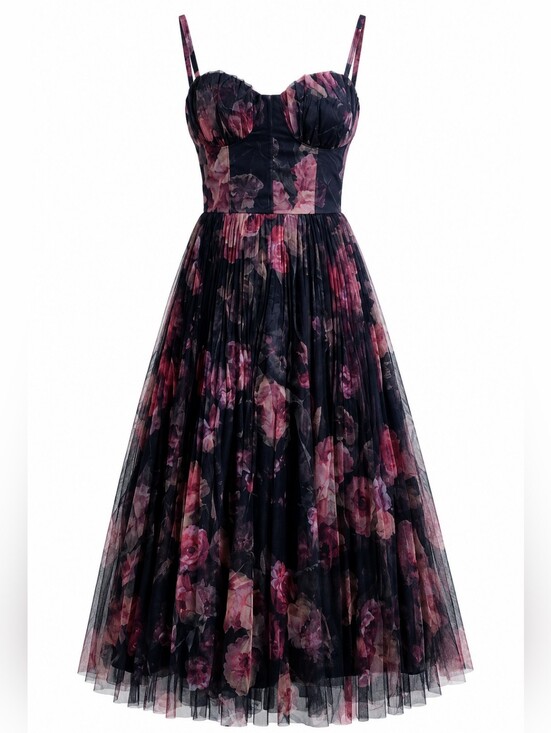 Lulus Dresses & Skirts - Lulus Floral Tulle Bustier Midi Dress NWT S Pleated Romantic Party Ethereal